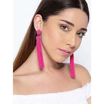 Crunchy Fashion Bohemian Pink Tassel Beaded Earrings for Women