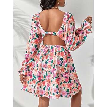 WDIRARA Women's Allover Floral Print Cut Out Waist Sweetheart Neck Backless Ruffle A Line Mini Dress