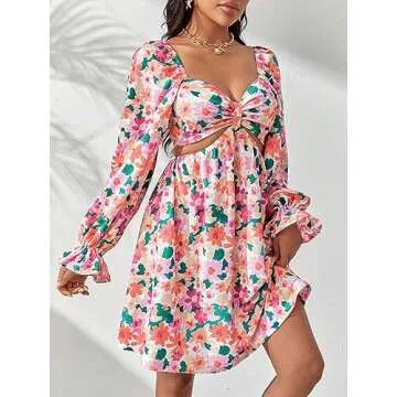 WDIRARA Women's Allover Floral Print Cut Out Waist Sweetheart Neck Backless Ruffle A Line Mini Dress