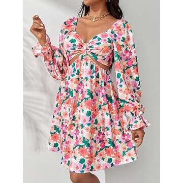 WDIRARA Women's Allover Floral Print Cut Out Waist Sweetheart Neck Backless Ruffle A Line Mini Dress