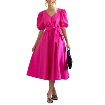 Rooscier Women's V Neck Puff Short Sleeve Tie Waist Ruched Ruffle A Line Belted Midi Dress Rose Small