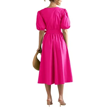 Rooscier Women's V Neck Puff Short Sleeve Tie Waist Ruched Ruffle A Line Belted Midi Dress Rose Small
