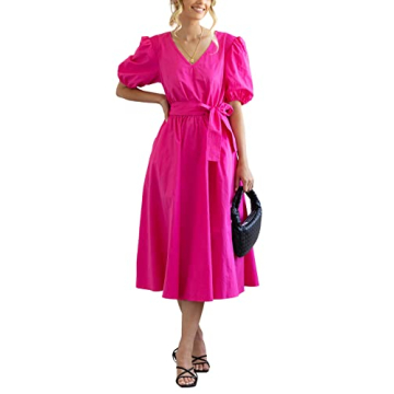 Rooscier Women's V Neck Puff Short Sleeve Tie Waist Ruched Ruffle A Line Belted Midi Dress Rose Small