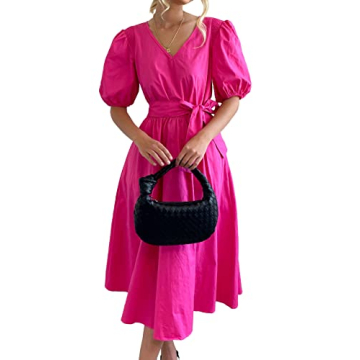 Rooscier Women's V Neck Puff Short Sleeve Tie Waist Ruched Ruffle A Line Belted Midi Dress Rose Small