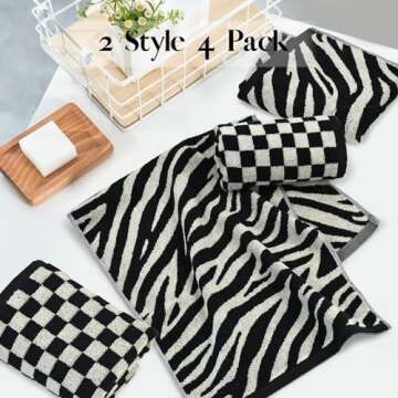 Jacquotha Bathroom Hand Towels 2 Style 4 Pack - Black Hand Towel Checkered and Zebra, Cotton