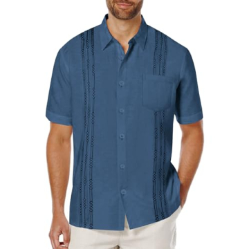 COOFANDY Men's Cotton Linen Cuban Guayabera Shirt - Casual Short Sleeve Button Down Summer Beach Top
