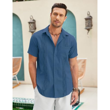 COOFANDY Mens Cotton Linen Cuban Guayabera Shirt