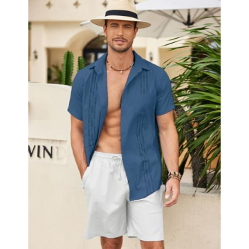 COOFANDY Mens Cotton Linen Cuban Guayabera Shirt