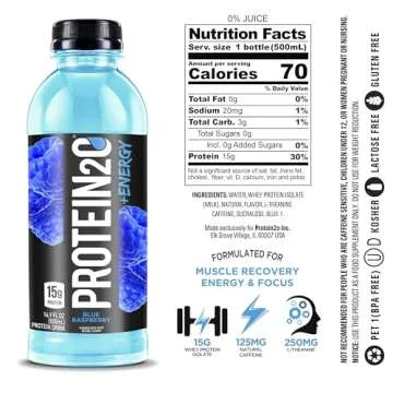 Protein2o 15g Whey Protein Infused Water Plus Energy, Blueberry Raspberry, 16.9 oz Bottle (Pack of 12)