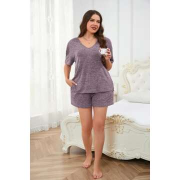 Ekouaer Womens Ribbed Knit Lounge Set Short Sleeve Top and Shorts Sleepwear Pajama Set Two Piece Shorts Outfits Set Purple