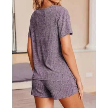 Ekouaer Womens Ribbed Knit Lounge Set Short Sleeve Top and Shorts Sleepwear Pajama Set Two Piece Shorts Outfits Set Purple
