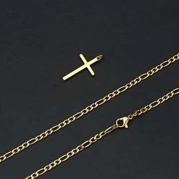 14K Gold Filled Cross Necklace for Men Figaro Chain Stainless Steel Plain Polished Cross Pendant Necklace Simple Faith Jewelry Gift for Women 18"