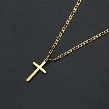14K Gold Filled Cross Necklace for Men Figaro Chain Stainless Steel Plain Polished Cross Pendant Necklace Simple Faith Jewelry Gift for Women 18"