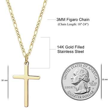 14K Gold Filled Cross Necklace for Men Figaro Chain Stainless Steel Plain Polished Cross Pendant Necklace Simple Faith Jewelry Gift for Women 18"