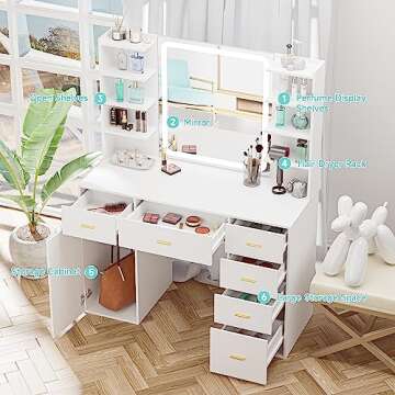 VoirStar Vanity Desk with Mirror & Light, Makeup Vanity with Lights, 6 Drawers Makeup Table with Mir...