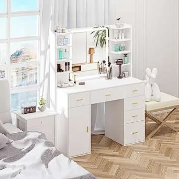 VoirStar Vanity Desk with Mirror & Light, Makeup Vanity with Lights, 6 Drawers Makeup Table with Mirror, 3 Lighting Colors, Dressing Table, Large Storage Vanity Desk with Shelf, White