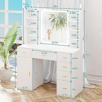 VoirStar Vanity Desk with Mirror & Light, Makeup Vanity with Lights, 6 Drawers Makeup Table with Mirror, 3 Lighting Colors, Dressing Table, Large Storage Vanity Desk with Shelf, White