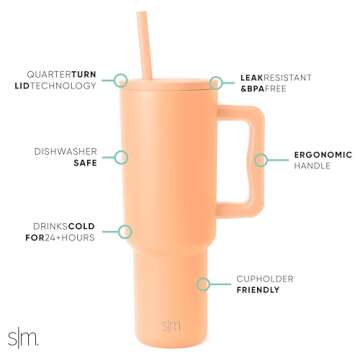 Simple Modern 40 oz Tumbler with Handle and Straw Lid | Insulated Cup Reusable Stainless Steel Water Bottle Travel Mug Cupholder Friendly | Gifts for Women Men Him Her | Trek Collection | Bellini