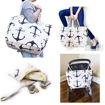 JJMG Summer Beach Bag Stroller Friendly Women’s Large Capacity Mom's Tote Beach Shoulder Bag With Rope Handles –Shopping Bag, Diaper Bag, Yoga Bag, Toys, Towels, Swim Suits, etc. (Anchor Navy)