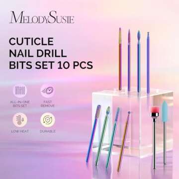 MelodySusie 10pcs Nail Drill Bits Set, 3/32 Inch Diamond Cuticle Nail Bits Kit for Nail Drill E-File, Manicure Pedicure Remover Tools for Acrylic Gel Nails, Salon Home Nail Care Supplies, Rainbow