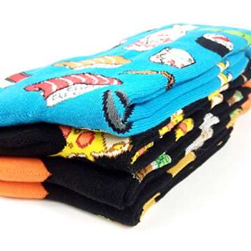 HSELL Mens Funny Food Pattern Dress Socks Sushi Cheese Taco Burritos Print Crazy Design Crew Socks Novelty Gift for Men Women Unisex Cotton Sock (4 Pairs - Sushi Cheese Taco Burritos)