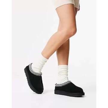 Women's Slipper Tasman Slippers Suede Leather Indoor/Outdoor Comfy Fur Lined Short Ankle Boot Black 7-7.5