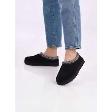 Women's Slipper Tasman Slippers Suede Leather Indoor/Outdoor Comfy Fur Lined Short Ankle Boot Black 7-7.5