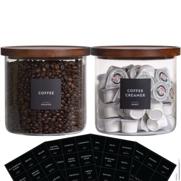 Laramaid 73oz 2Pack Glass Jar Canisters with Minimalist Labels, Round Pantry Jars with Brown Acacia ...