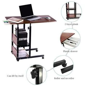 Urban Deco Home Office Desk with Drawer Standing Desk Adjustable Height, Moveable Computer Stand with 4 Wheels & Plastic Drawers Corner Desks for Home Office - Retro Brown