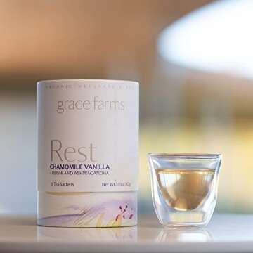 Grace Farms REST Wellness Organic Tea Blend (16 Pyramid Sachets) | Sleep and Stress Support For Evening | Chamomile Vanilla Tea with Adaptogenic Herbs and Mushrooms | Fairtrade and Kosher