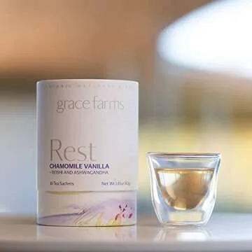 Grace Farms REST Wellness Organic Tea Blend (16 Pyramid Sachets) | Sleep and Stress Support For Evening | Chamomile Vanilla Tea with Adaptogenic Herbs and Mushrooms | Fairtrade and Kosher