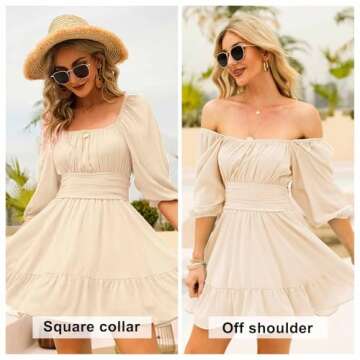 EXLURA Women's Lantern Sleeve Tie Back Summer Dress Ruffled Off Shoulder A-Line Vintage Mini Dress