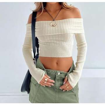 Women Y2k Off Shoulder Long Sleeve Crop Top Sexy Knit Slim Fit T Shirt Ruched Tight Tee Top Streetwear(Ee White,Medium)