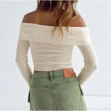 Women Y2k Off Shoulder Long Sleeve Crop Top Sexy Knit Slim Fit T Shirt Ruched Tight Tee Top Streetwear(Ee White,Medium)
