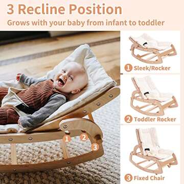 Little Dove Baby Bouncer 3-in-1 Convertible Wooden Recliner and Rocker Chair for Toddler - with Removable Cushion, Seat Belt and Booster