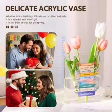 Personalized Acrylic Book Vase for Flowers: Custom Book Vase with Name &Birth Flower or Text, Clear Delicate Transparent Book Vase - Home Decor, Bookshelf Decor, Gifts for Book Lovers