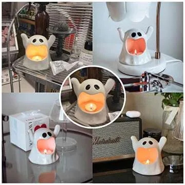 Halloween Ghost Candle Holder, Ceramic Ghost Decor Candle Stick, Cute Ghost Shape Candlestick Holder, for Bedroom Living Room Table Halloween Centerpiece Decorations-C