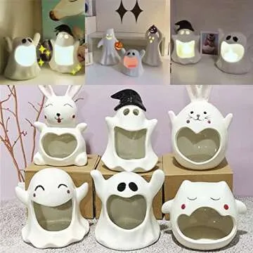 Halloween Ghost Candle Holder, Ceramic Ghost Decor Candle Stick, Cute Ghost Shape Candlestick Holder, for Bedroom Living Room Table Halloween Centerpiece Decorations-C