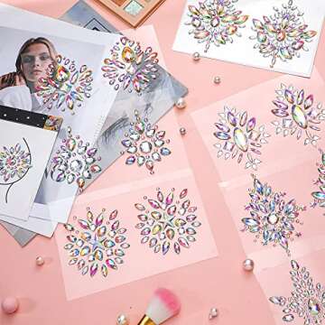 Berlune 8 Sheet Rhinestone Pasties Glitter Breast Covers Crystal Tattoo Jewels Pasties Rave Adhesive Breast Body Gems Temporary Chest Stickers Stick Decoration for Women Festival Makeup Decor