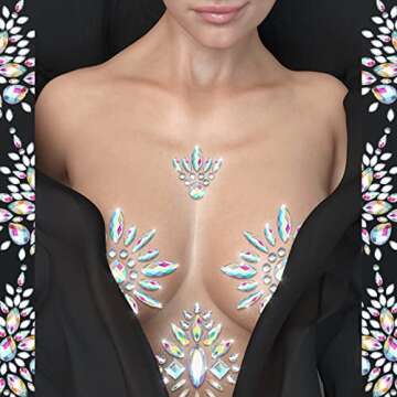 Berlune 8 Sheet Rhinestone Pasties Glitter Breast Covers Crystal Tattoo Jewels Pasties Rave Adhesive Breast Body Gems Temporary Chest Stickers Stick Decoration for Women Festival Makeup Decor