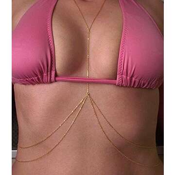14K Gold Sexy Body Chains for Women, Layered Rhinestone Crossover Bikini Bra Body Jewelry, Summer Beach Crystal Belly Waist Chain(Chain(Gold))