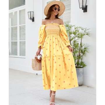 ABYOVRT Women Floral Embroidered Maxi Dress Long Puff Sleeve Square Neck Bohemian Flowy Dress with P...