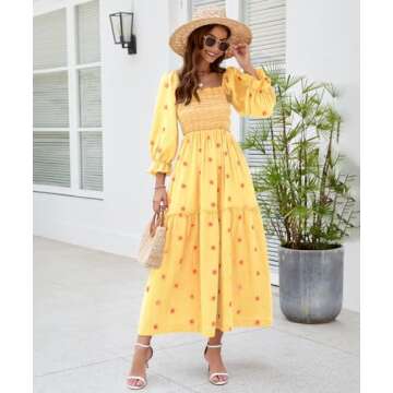 ABYOVRT Women Floral Embroidered Maxi Dress Long Puff Sleeve Square Neck Bohemian Flowy Dress with Pockets Smocked Fall Dress (Yellow,M)