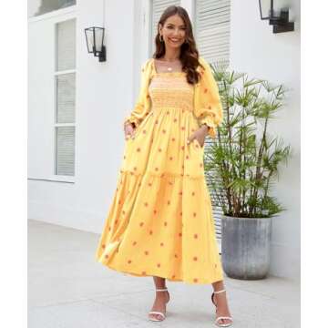 ABYOVRT Women Floral Embroidered Maxi Dress Long Puff Sleeve Square Neck Bohemian Flowy Dress with Pockets Smocked Fall Dress (Yellow,M)