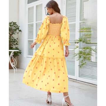 ABYOVRT Women Floral Embroidered Maxi Dress Long Puff Sleeve Square Neck Bohemian Flowy Dress with Pockets Smocked Fall Dress (Yellow,M)