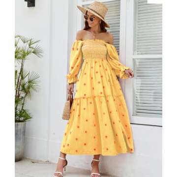 ABYOVRT Women Floral Embroidered Maxi Dress Long Puff Sleeve Square Neck Bohemian Flowy Dress with Pockets Smocked Fall Dress (Yellow,M)