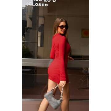 GOBLES Women's Sexy Off The Shoulder Slope Neck Long Sleeve Ruched Bodycon Mini Club Dress Red