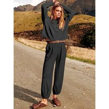 ANRABESS Women's Two Piece Outfits Long Sleeve Knit Top Fall Sweater Set Oversized Pants Tracksuit Lounge Sets Black X-Large