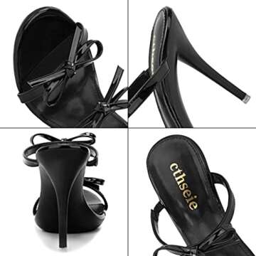 cthseie Women's Platform Heeled Sandals Strappy Stilettos Mules Open Toe Slip On Fashion Sexy Dress Cute Bowknot Backless High Heel Slides Heels Slippers Black Patent Leather PU