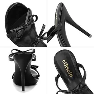 cthseie Women's Platform Heeled Sandals Strappy Stilettos Mules Open Toe Slip On Fashion Sexy Dress Cute Bowknot Backless High Heel Slides Heels Slippers Black Patent Leather PU